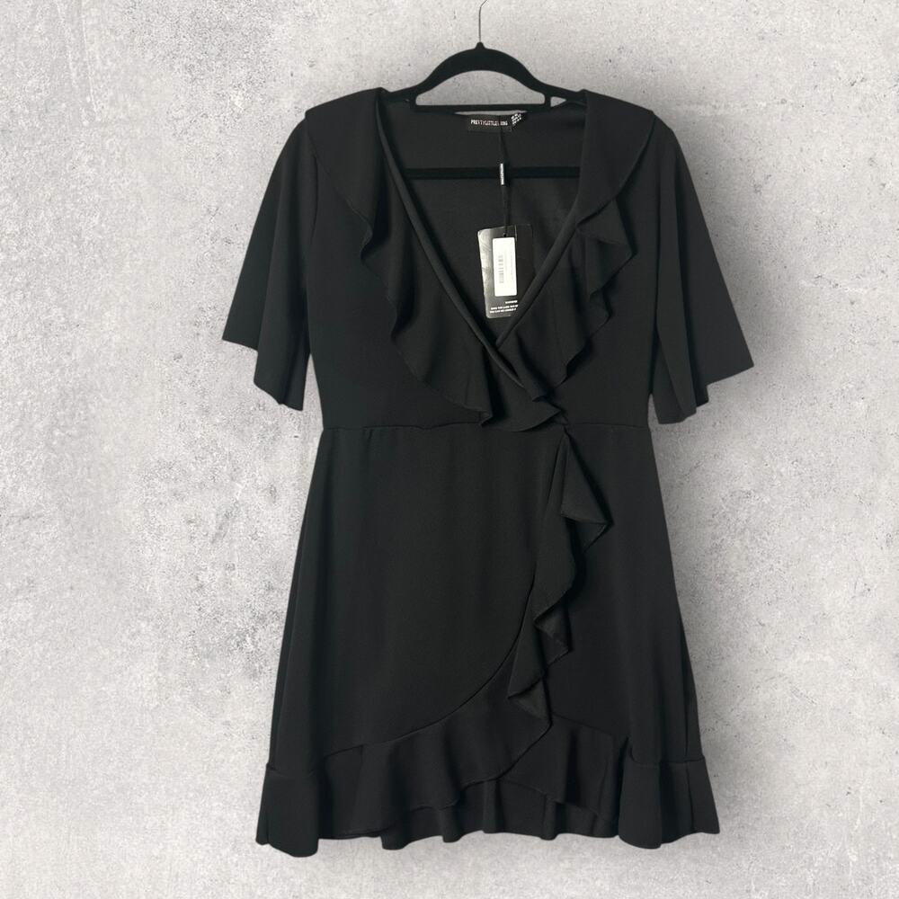 New PrettyLittleThing‎ Black Frill Wrap Ruffle Dress Short Sleeve Twelve